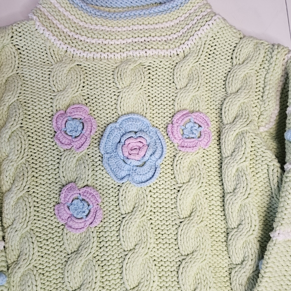 Obermeyer Girl XL Green Cable Knit Sweater 3D Floral Popcorn Vintage Cottagecore - Picture 2 of 6